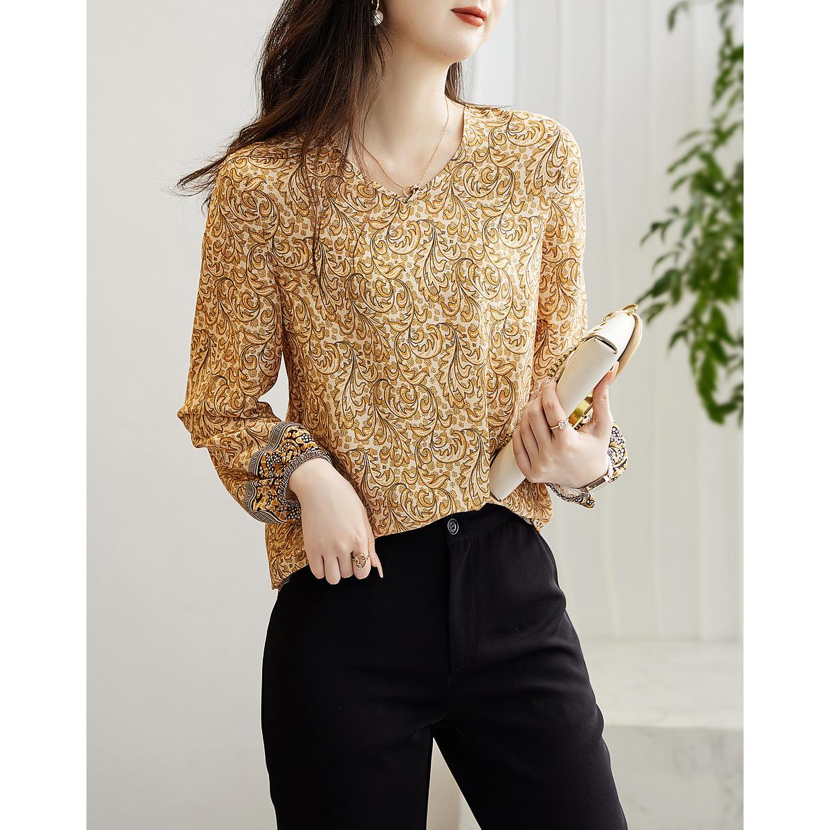 

Рубашка из шифона с экзотическим принтом, весенняя новинка, женская рубашка с V-образным вырезом и длинными рукавами 2XL
