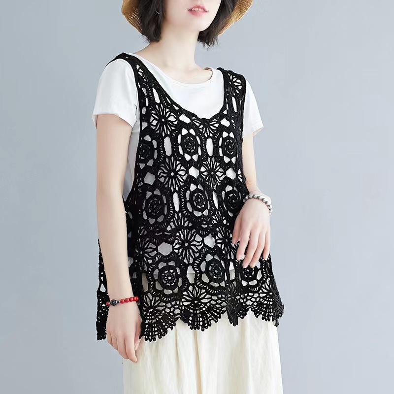 Mori Style Summer Crochet Lace Camisole - Vintage Literary Loose-Fit Vest Cardigan for Women