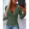 Women's V-Neck Long Sleeve Ribbed Knit Slim Fit Wrap Top with Buttons