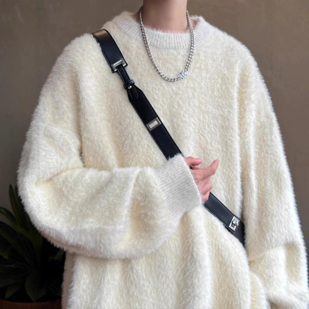 Autumn and Winter Men's Solid Fluffy Knitted Sweaters Korean Fashion Loose Warm Pullovers Winter Couples Vintage Knitwear Jumpers