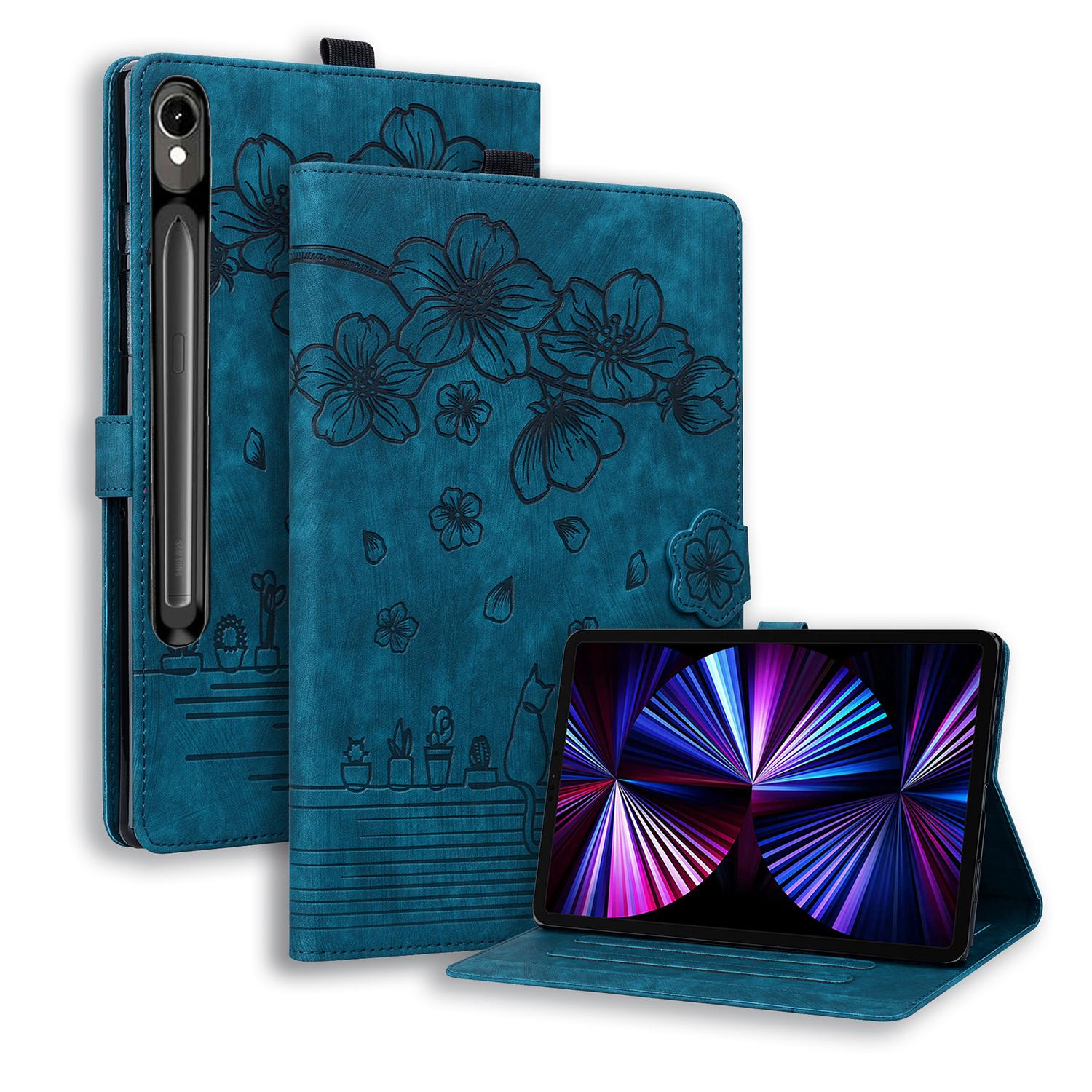 

For Samsung Galaxy Tab S10 FE+ Case Flip Stand Leather Phone Cover Cherry Blossom Cat Imprinted Blue