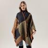 Vintage Geometric Diamond Print Open Front Poncho Cape Thick Knit Travel Blanket Wrap Shawl
