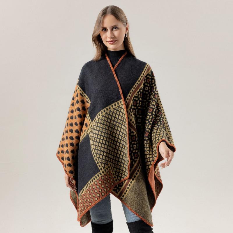 Vintage Geometric Diamond Print Open Front Poncho Cape Thick Knit Travel Blanket Wrap Shawl
