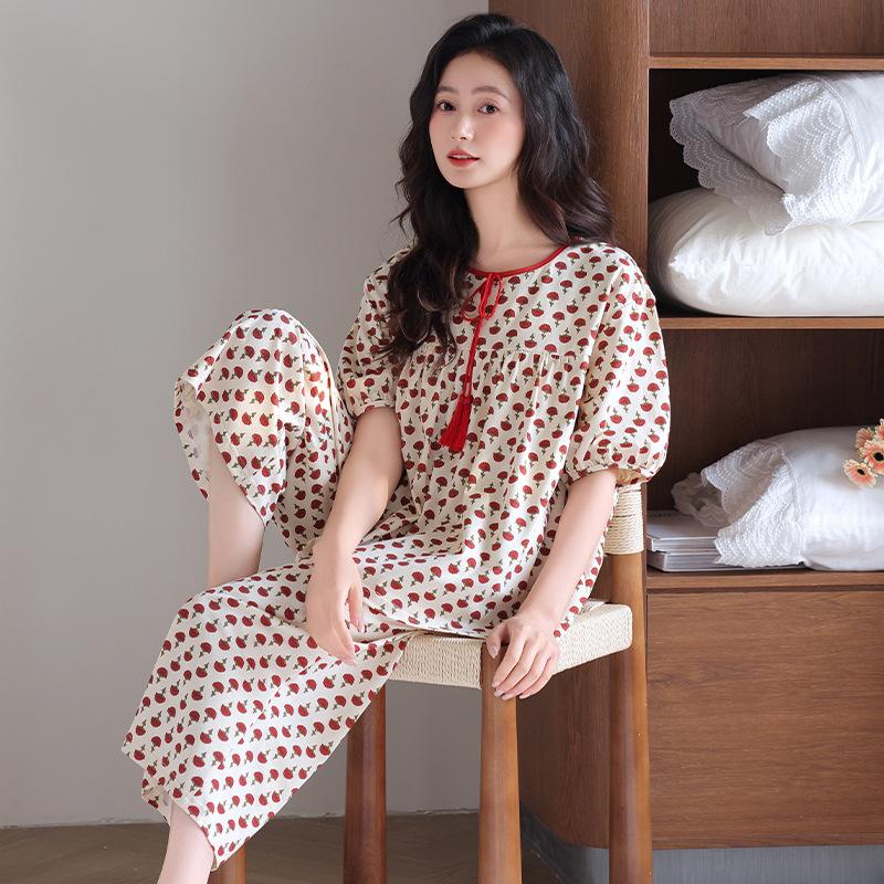 1011 new pajamas women's pajamas with chest pads summer cotton short-sleeved cropped pants thin summer women's loungewear