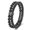 High Quality Stainless Steel Cross Men's Genuine Leather Bracelet Natural Black Stone Beaded Jewelry Anniversary Birthday Gift