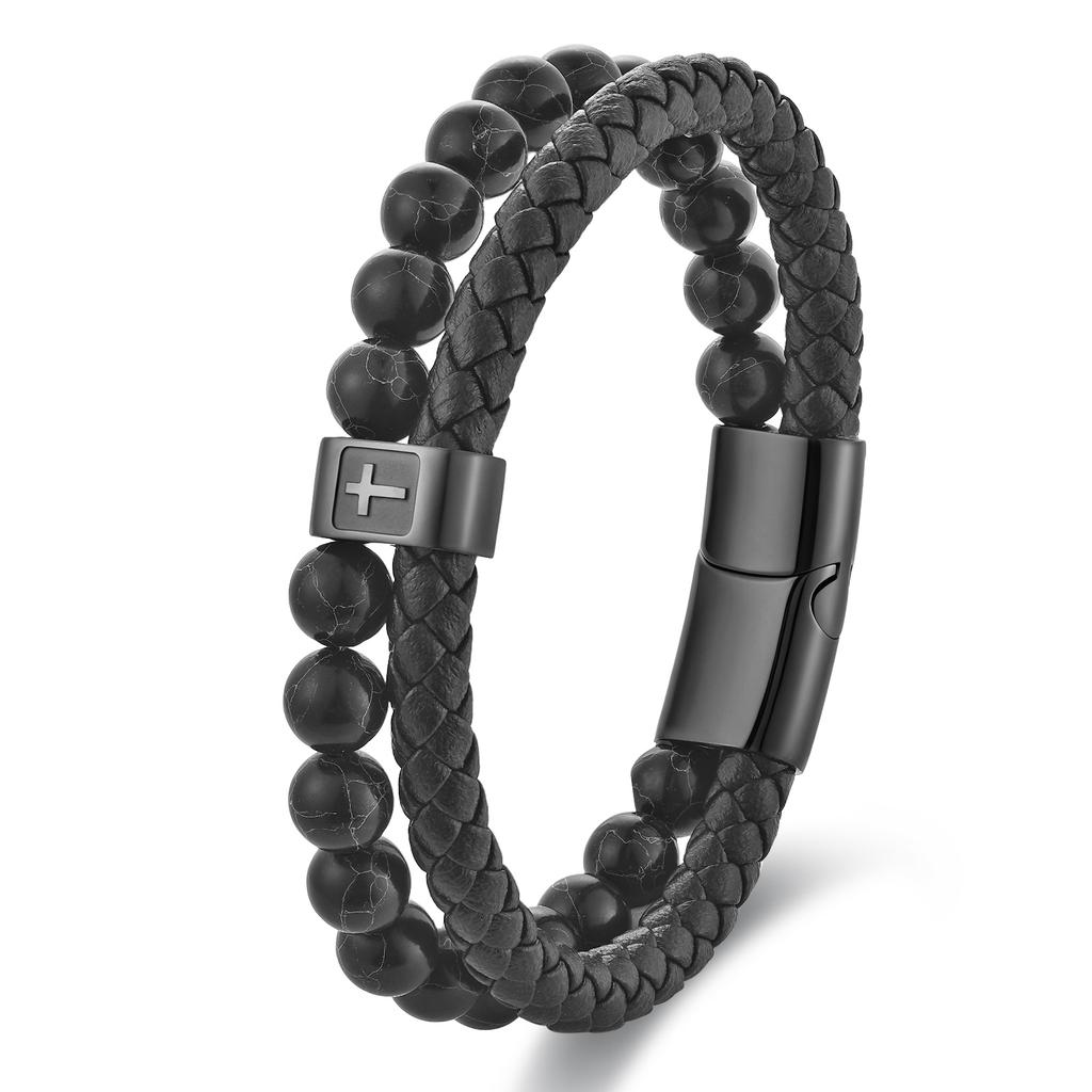 High Quality Stainless Steel Cross Men's Genuine Leather Bracelet Natural Black Stone Beaded Jewelry Anniversary Birthday Gift