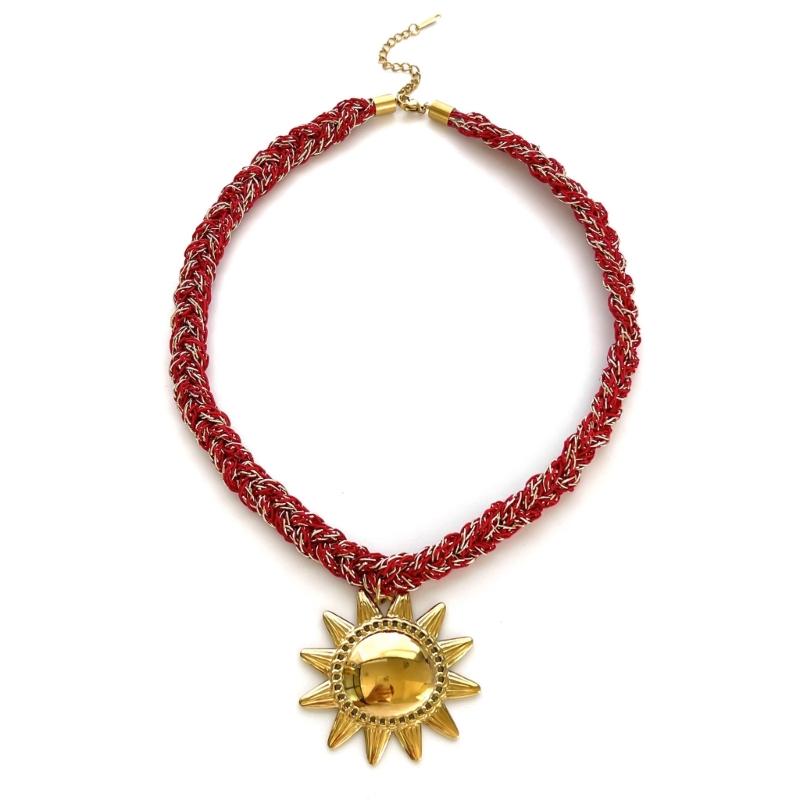 

Stylish Braided Cable Designs Necklace Featuring Intricate Sun Charm Winter Accessory 1