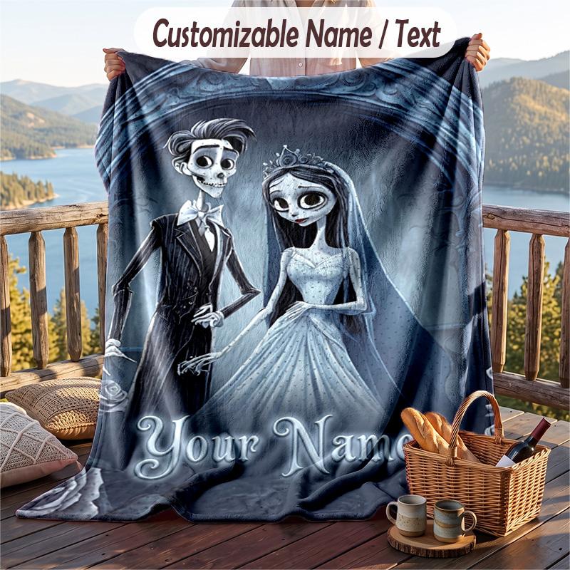 Custom Text Flannel Throw Blanket, Lightweight Cozy Bed Sofa BlanketCorpse Bride Emily Victor