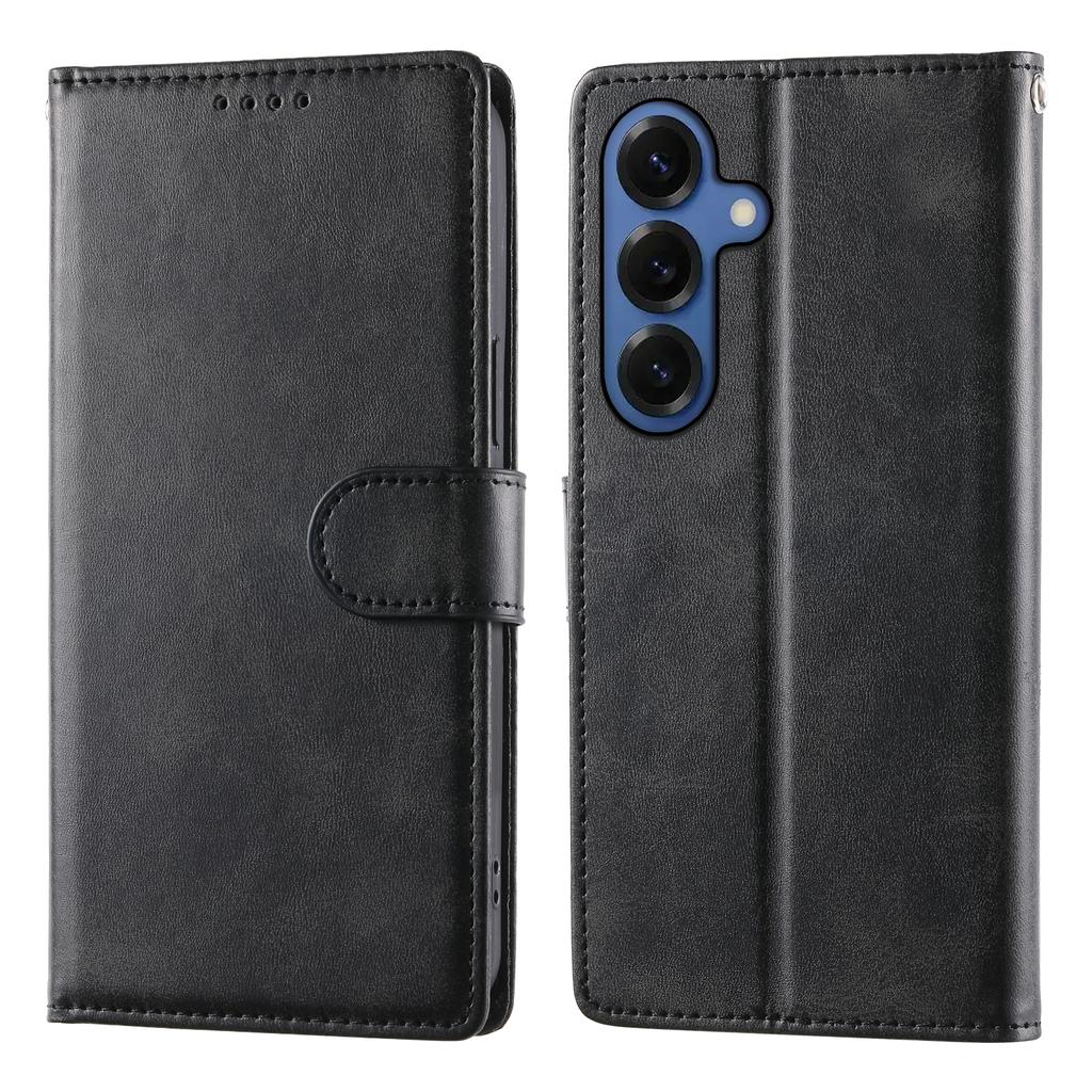 For Samsung Galaxy S26+ Case Stand Wallet Calf Texture PU Leather Flip Phone Cover with Wrist Strap