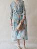 Johnature Women Vintage Print Floral Bandage Dresses V-Neck Long Sleeve High Quality Robes Spring Button Dress