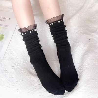 1 Paar Damen Mittellange Socken Perlenverzierung Mode Falten Plüsch Socken Spitze Spitze Lolita Jk Vielseitig Mädchen Baumwollsocken