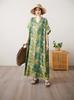 Cotton and linen printed round neck loose large size long sleeve fat MM plus fat plus size fake literary retro dress