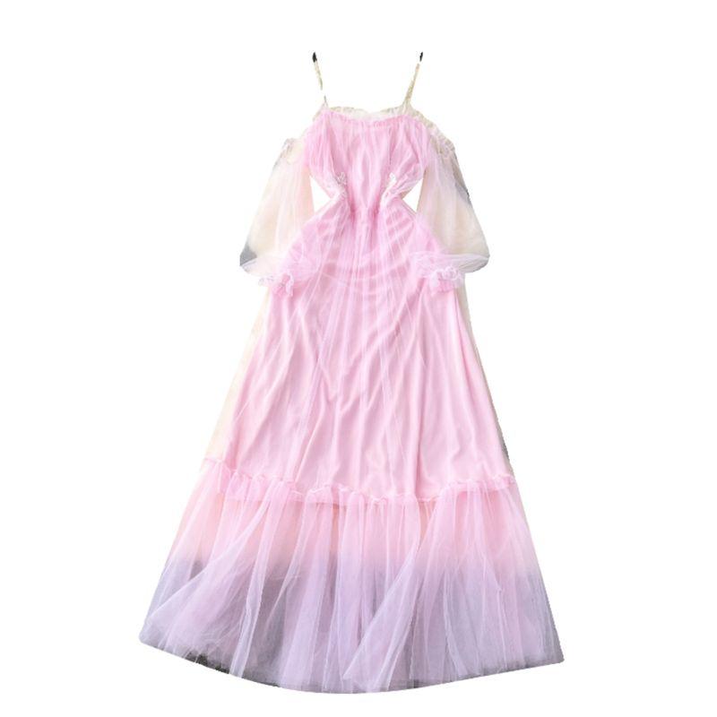 Court Style Dress Classy Light Luxury Minority Embroider Tight Waist Long Slimming Mesh Fairy Dress Sling Dress Women
