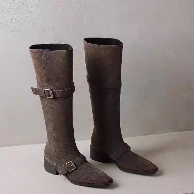 Fashion New Style Fashion Women's High Heel Western Cowboy Knee-high Boots Suede Women's Pointed Toe Warm Button Long Boot Zapatos Mujer