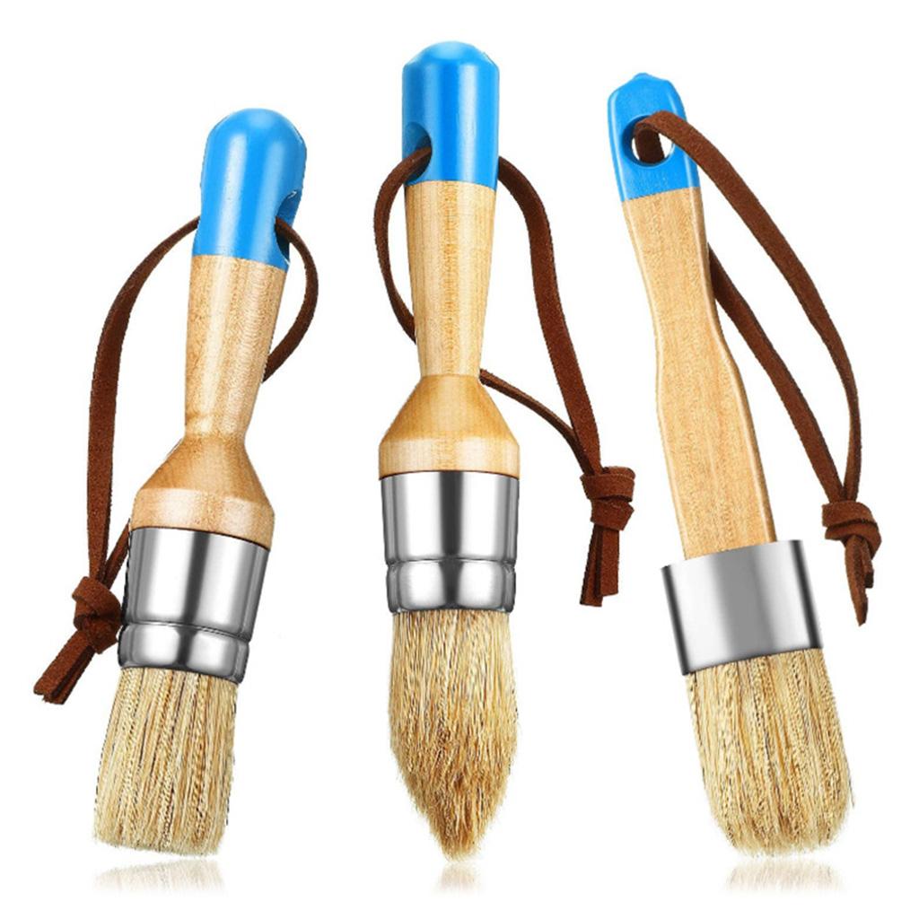 3 Stuks Ronde&Platte&Puntige Kalkverf Wax Kwasten Houten Handvat Natuurlijke Borstelharen Kwasten DIY Schilderen Waxen Gereedschap Makkelijk te Gebruiken