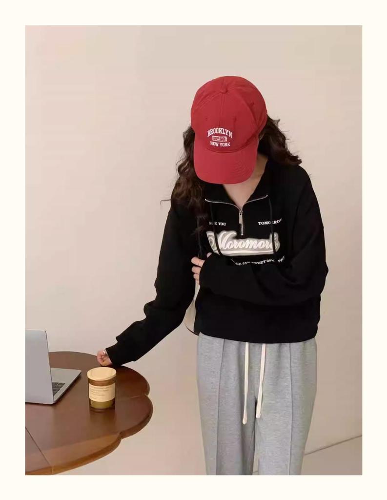 European Style Plus Size Stand Collar Sweatshirt for Women - High Waist, Slimming, Short Top for Spring & Autumn 2025