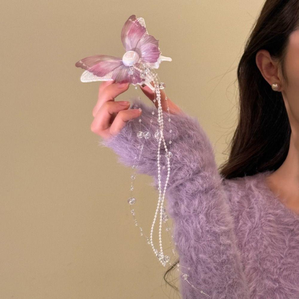 Mesh Tassel Duckbill Clip Imitation Pearl Butterfly Hair Clip Fresh Butterfly Hairpin Girl