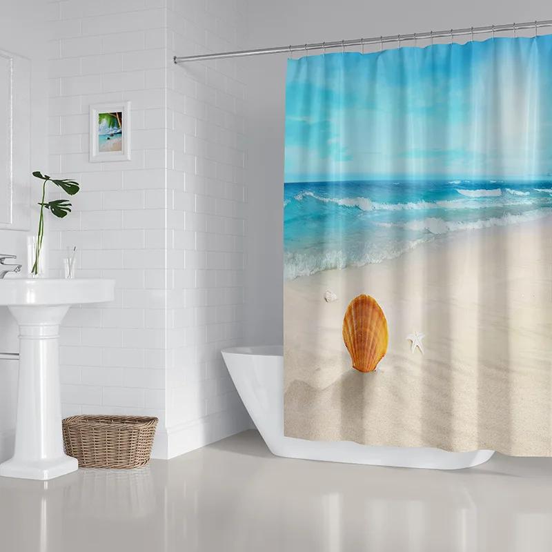 2022 New Shower Curtain Starfish Beach Pattern Bathroom Partition Waterproof  Coconut Sea View Polyester