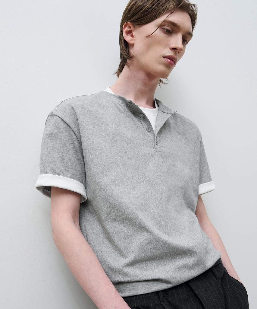 DRAW FIT Layered Roll-Up Henley Neck T-Shirt [M.Grey]