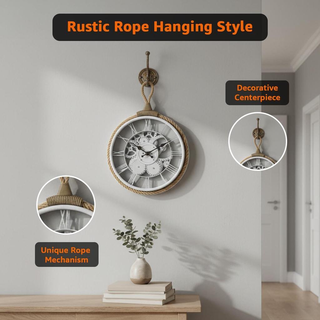 Plastic Wall Clock with Rope for Hanging, Skeleton Dial Design, Lightweight & Durable, 32 cm Diameter x 4.5 cm Width