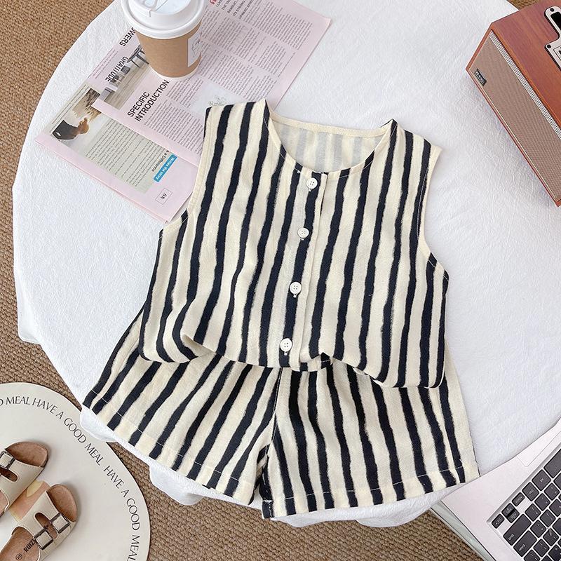 Summer Baby Cotton Linen Two Piece Set Boys Girls Thin Vest Shorts Outfit Infant Toddler Breathable Home Clothes