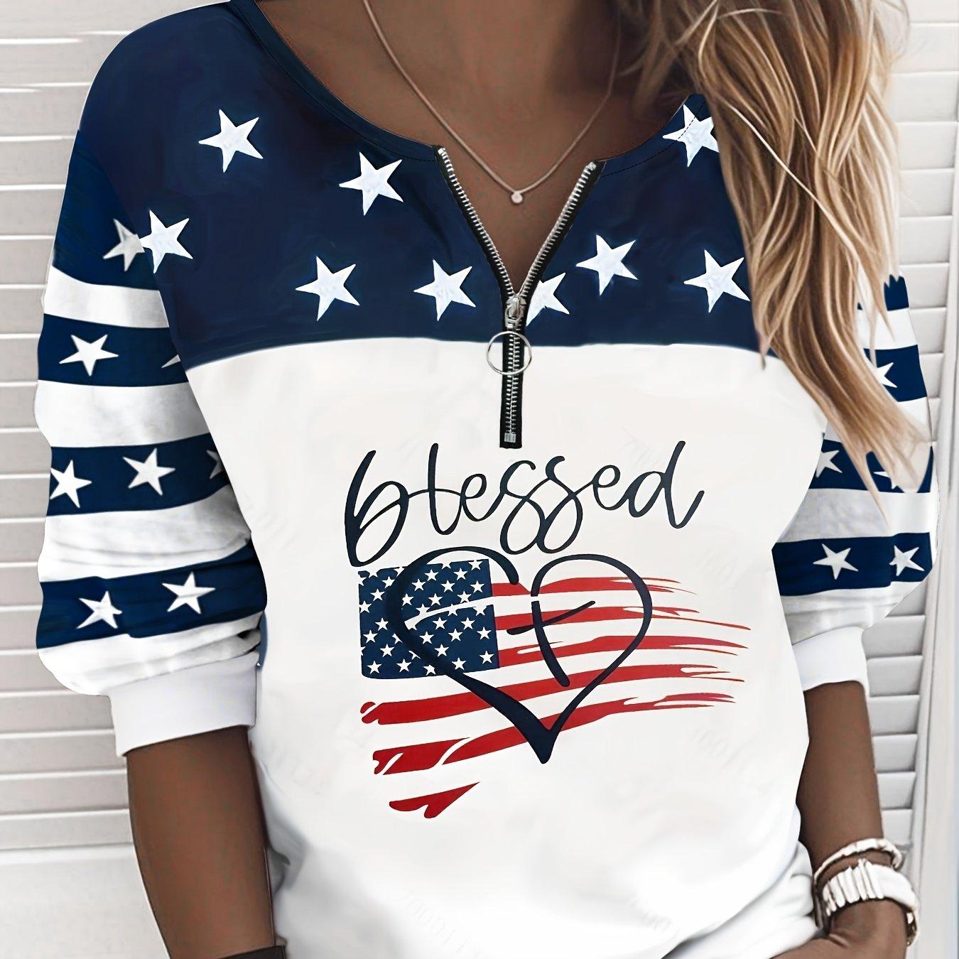 [Casual Sweatshirt] Casual Striped Women s Sweatshirt | Flag Blessing Zip Top Jumper S