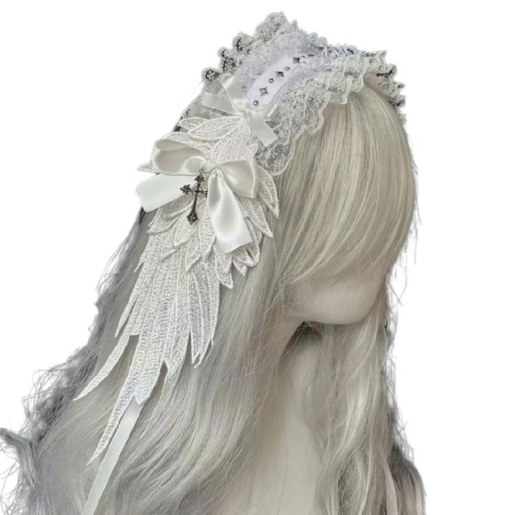 Lace Bowknot Hairband with Angel Wing Anime Theme Event Lace Ruffle Trim Headband For Roleplay Parties And Costume