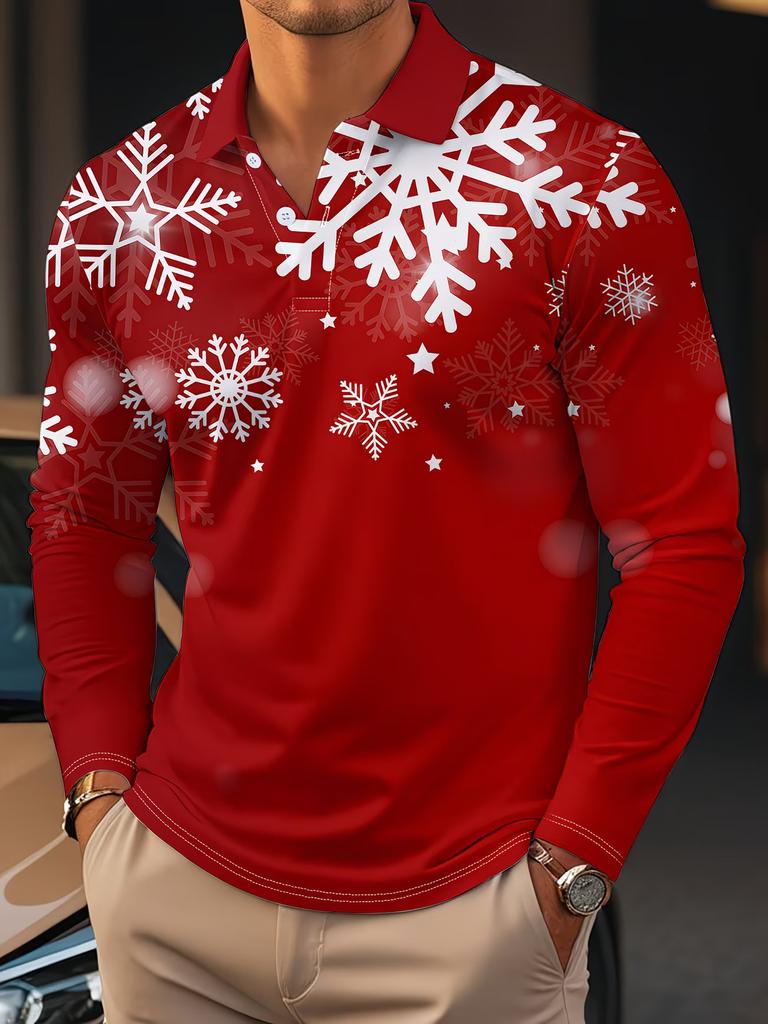 Long Sleeve Polo, Christmas Santa Reindeer Print, Festive Casual Top