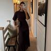 Elegant Knit Spliced Long Dress Women Fashion O-neck Half Sleeve Pleated Party Dresses 2025 Spring Summer Lady Commute Robes
