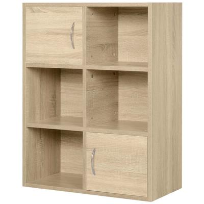 Wooden Bookcase Shelf, Multipurpose Cabinet with 3 Shelves 4 Compartments and 2 Doors, 61.5x29.5x80cm