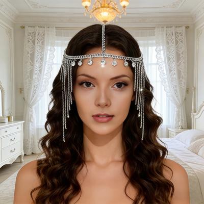 Hair Chain Adjustable Size Women Indian Headwear Multi-Layered Rhinestone Tiara with Golden Tassels Sparkling Rhinestones Headpiece