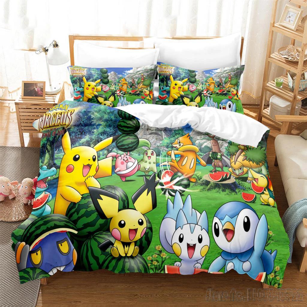 Pokemon Bedding Set Cartoon Anime Children Bedroom Quilt Boy Girl Bedclothes Single Double King Pikachu Duvet Cover Gift