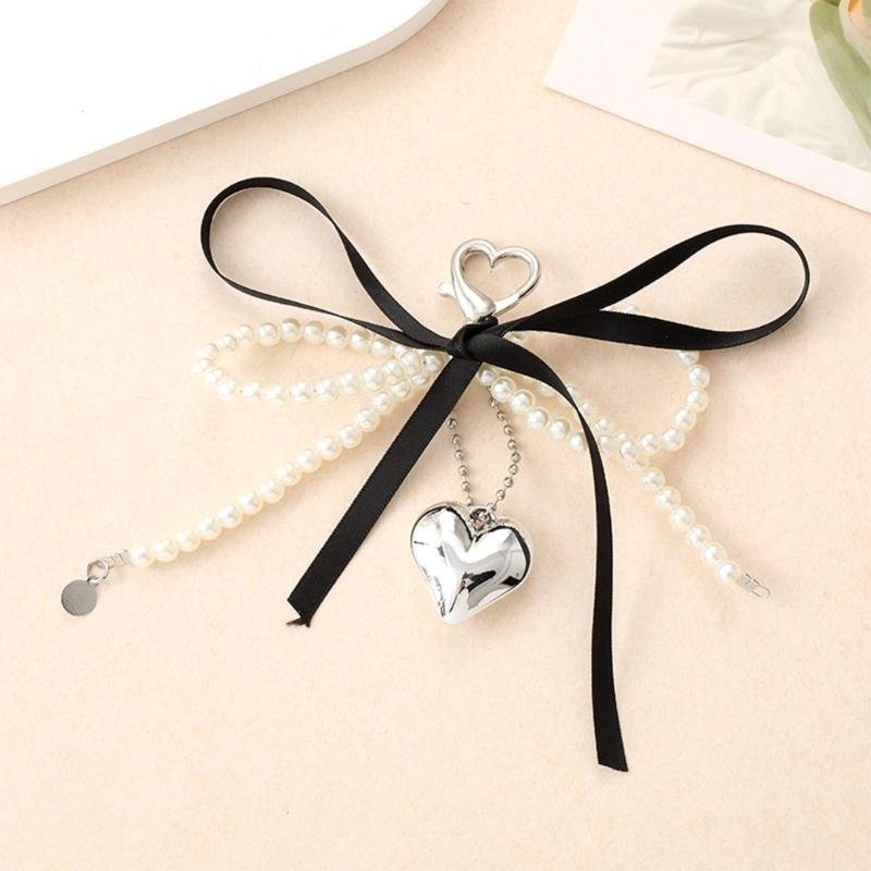 Elegant Pearls Bows Bag Pendant Practical Keychain Heart Shape Phone Ornament Keyring for Purse Handbag Decoration