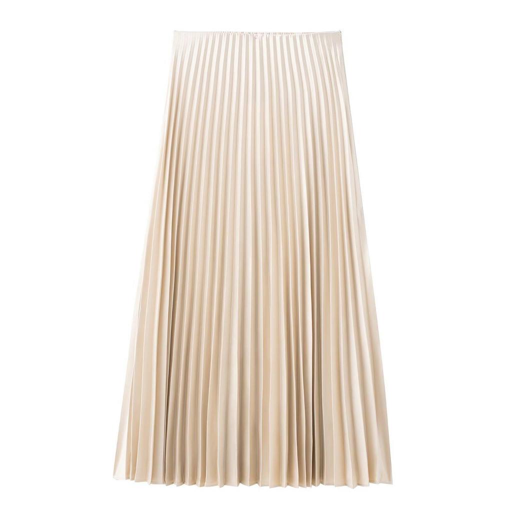Spring 2025 Women's Slimming High-Waisted Silk Satin Pleated Midi Skirt