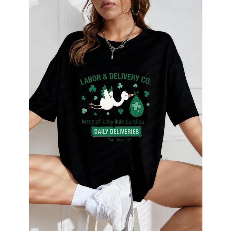 Oversized T-Shirt with Green Stork & Clover Print – "LABOR & DELIVERY CO." Fun Lucky-Themed Top