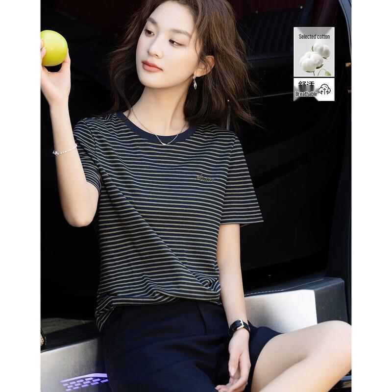 Women s Embroidered Stripe Short Sleeve T-Shirt L