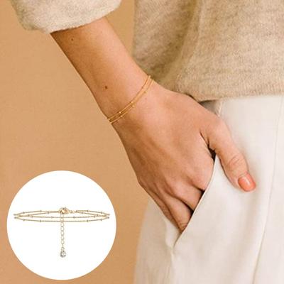 Elegantní dvouvrstvý korálkový řetízkový náramek s drahokamy vykládaný Nastavitelný prodlužovací řetízek Dámský kovový náramek