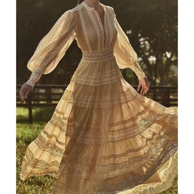 Verano Primavera Mujer Manga Larga Maxi Fiesta Vestido Cuello en V Encaje Bordado Elegante Noche Boda Damas de Honor Vestido Camisa