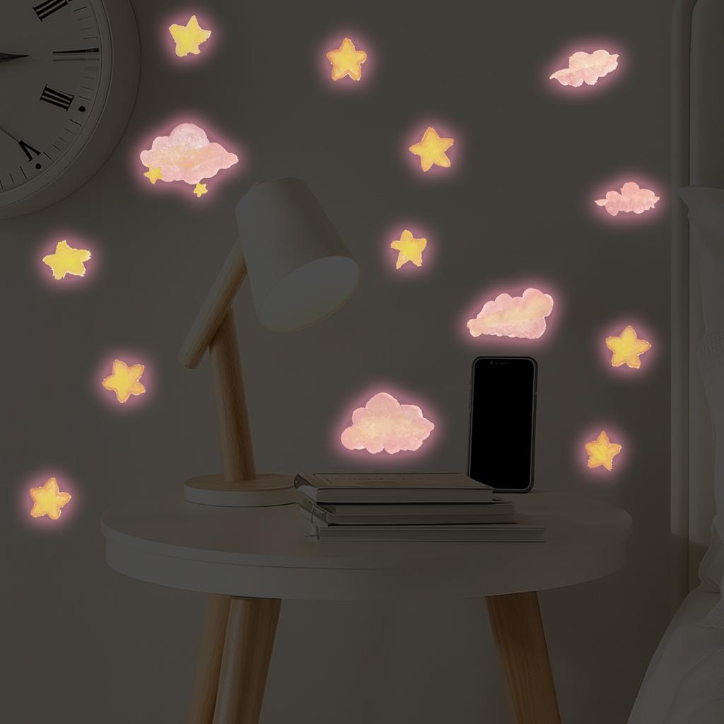 Pink and Dreamy Luminous Star and Cloud Wall Stickers, Children's Room Wall Decoration Stickers