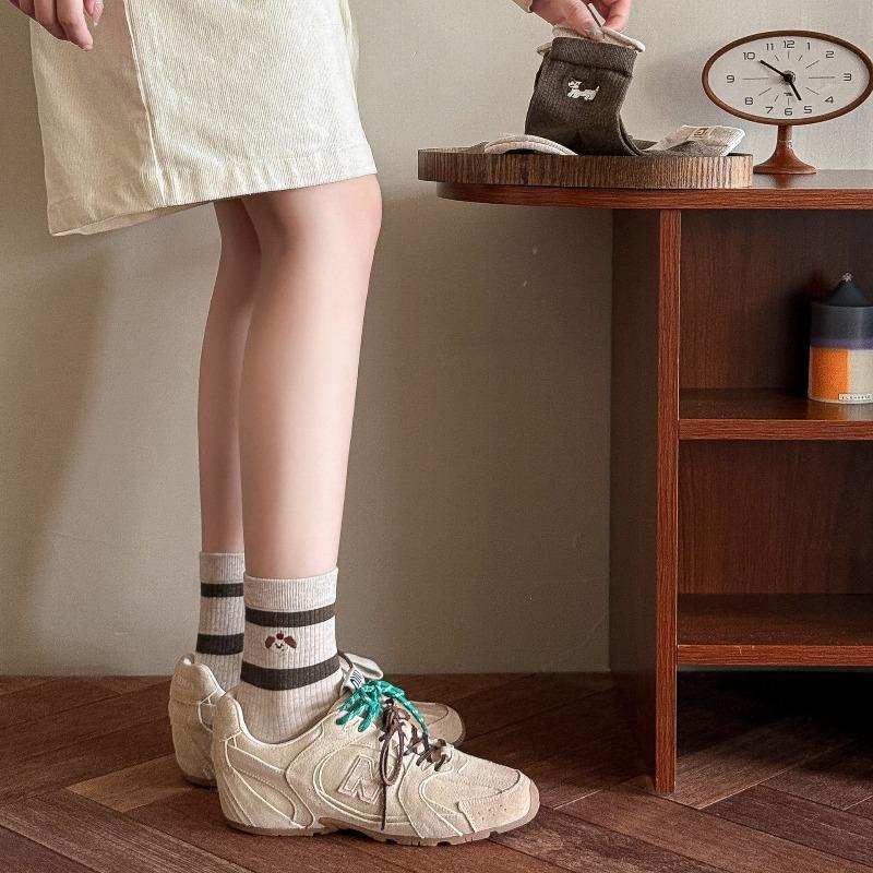 Ladies Autumn Winter Cotton Cute Cartoon Puppy Striped Curled Edge Double Mouth in Color Contrast Tube Socks