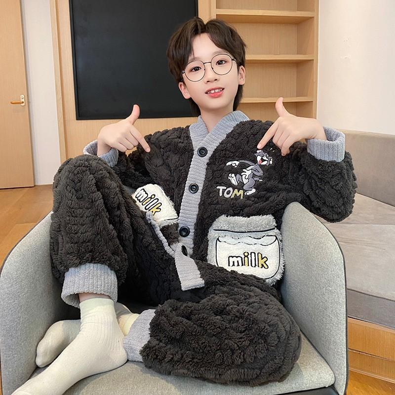 Boys Winter Warm Fleece Pajama Set With Zipper Collar Cartoon Print Long Sleeve Sleepwear Ages 8-14