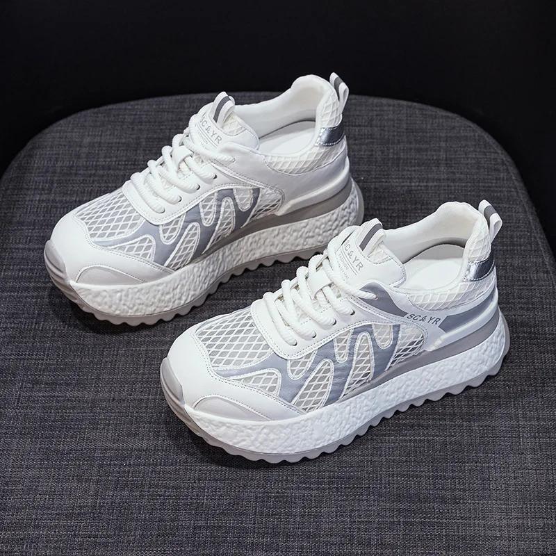 Fashion 7CM Women Summer Spring Air Mesh Shoes Mules Shoes Hollow Chunky Sneaker Slides Sandals Platform Wedge Microfiber Platform Wedge