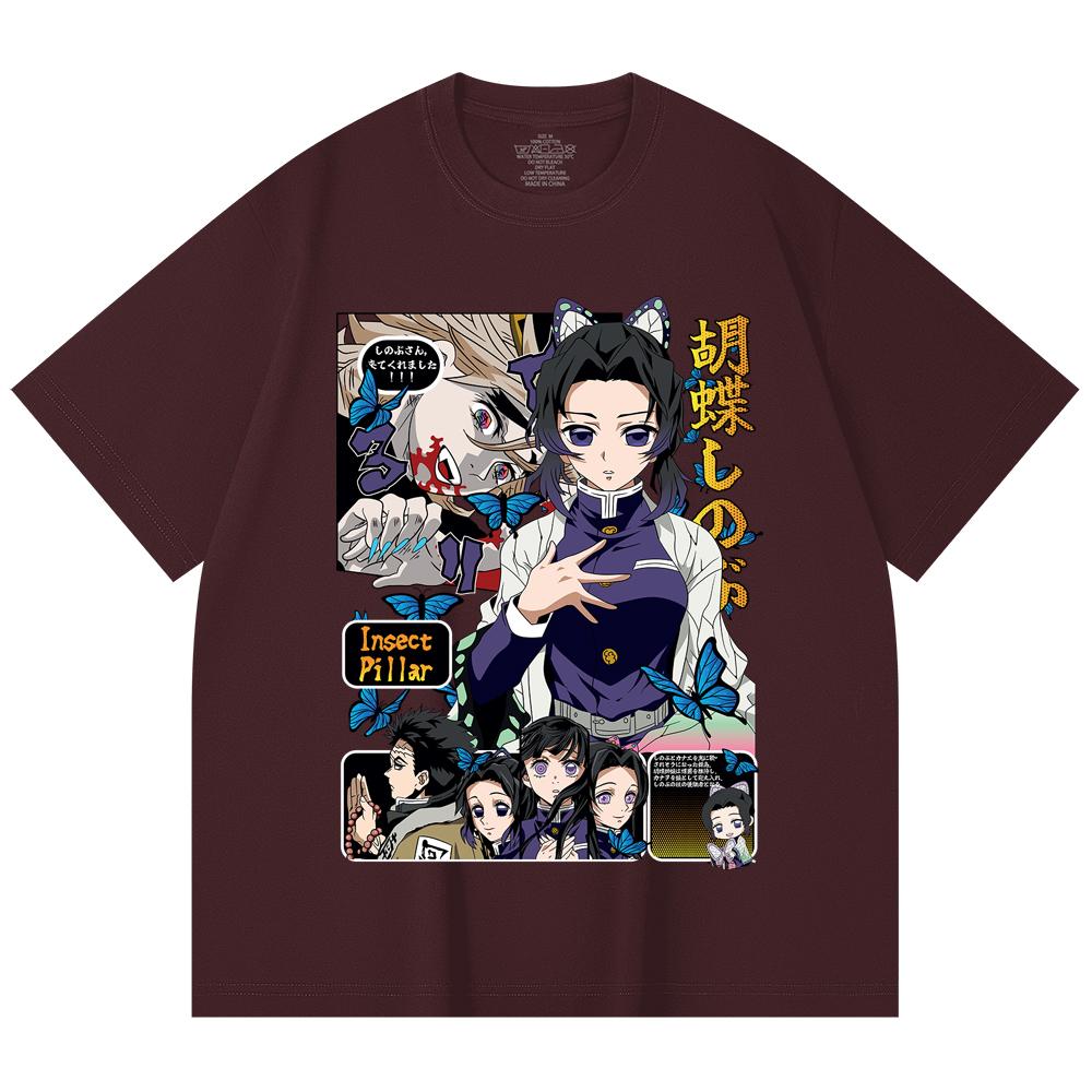 

230 Gsm 100% Cotton Demon Slayer V16 Shinobu Print Unisex Heavy Cotton T Shirt 2XL вина червоного кольору