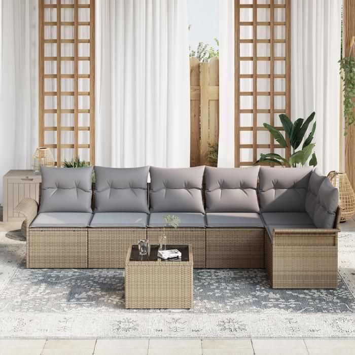 Ensemble de canapé de jardin 7 pièces avec coussins en poly rotin noir, Canapé de jardin 2 places avec rangement et coussins 3354059