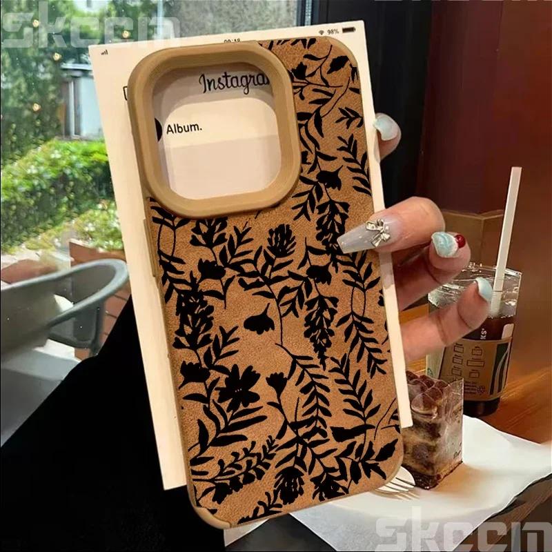 Line Flower Sunflower Bonded Leather Phone Case For iPhone 16 15 14 13 12 11 Pro XS Max XR X 15 Plus 16 Pro Max Matte Back Cover