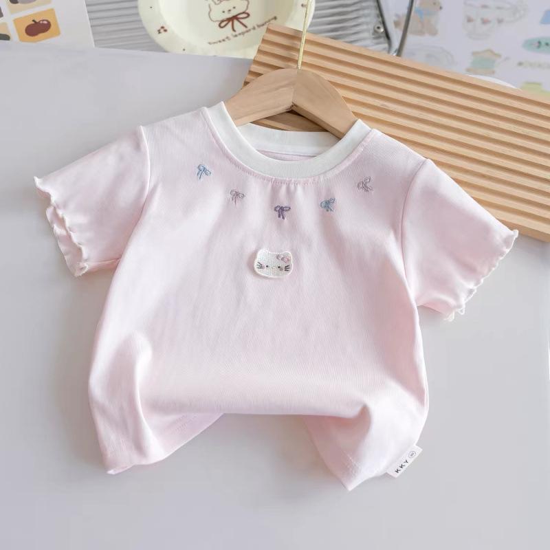 Girls Summer Cotton Short Sleeve T Shirt Cute Bow Cartoon Top Baby Korean Versatile Kids Clothing
