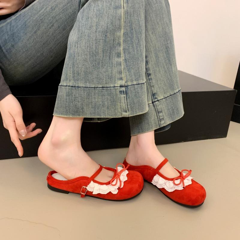 Retro Spitzen Mary Jane Schuhe Damen Frühling und Sommer neu Temperament flacher Ausschnitt halber Slipper mit Rock Tide