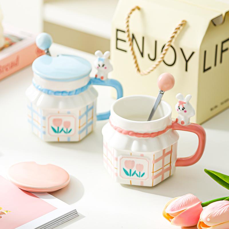 Tulip Rabbit Flower Couple Mug Creative High Value Home Office Ceramic Cup Coffee Cup with Lid