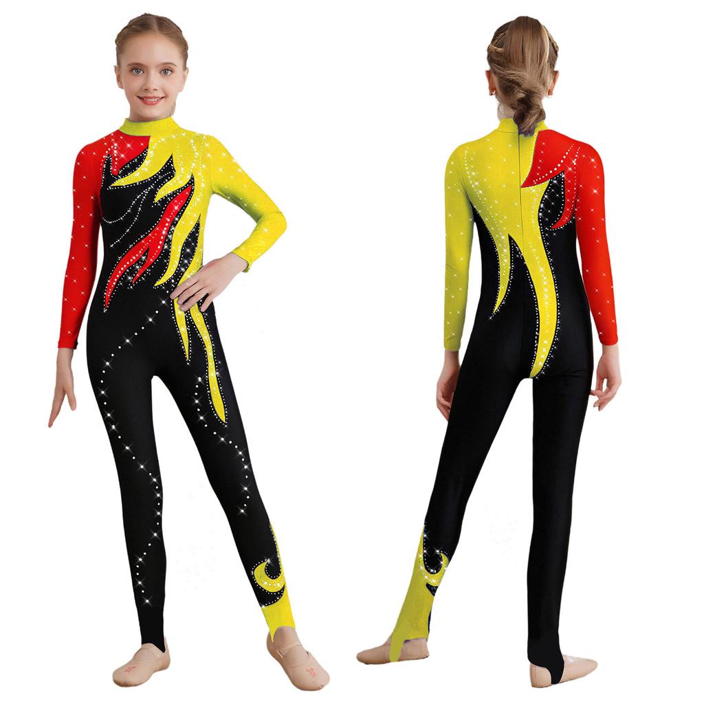 Salopetă de gimnastică pentru fete, cu blocuri de culoare, gât fals, mâneci lungi, body cu strasuri strălucitoare, leotard pentru tot corpul