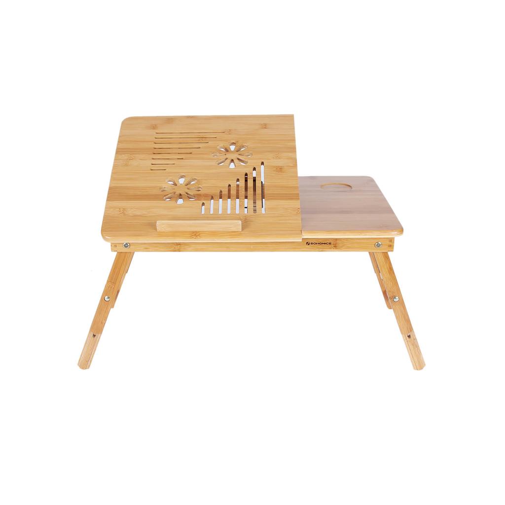 SONGMICS Bamboo Laptop Desk, Foldable Bed Table, Height Adjustable Sofa Tray, with 5 Tilting Angles, Air Holes, Small Drawer, 55 X 35 X (21 - 29) Cm